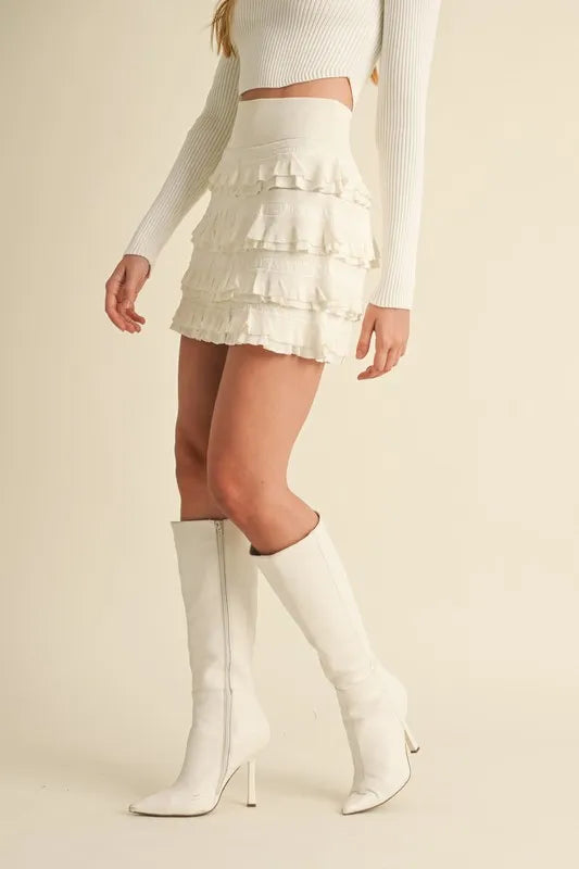MABLE Ruffled Detail High Waist Knit Mini Skirt - Fashorio