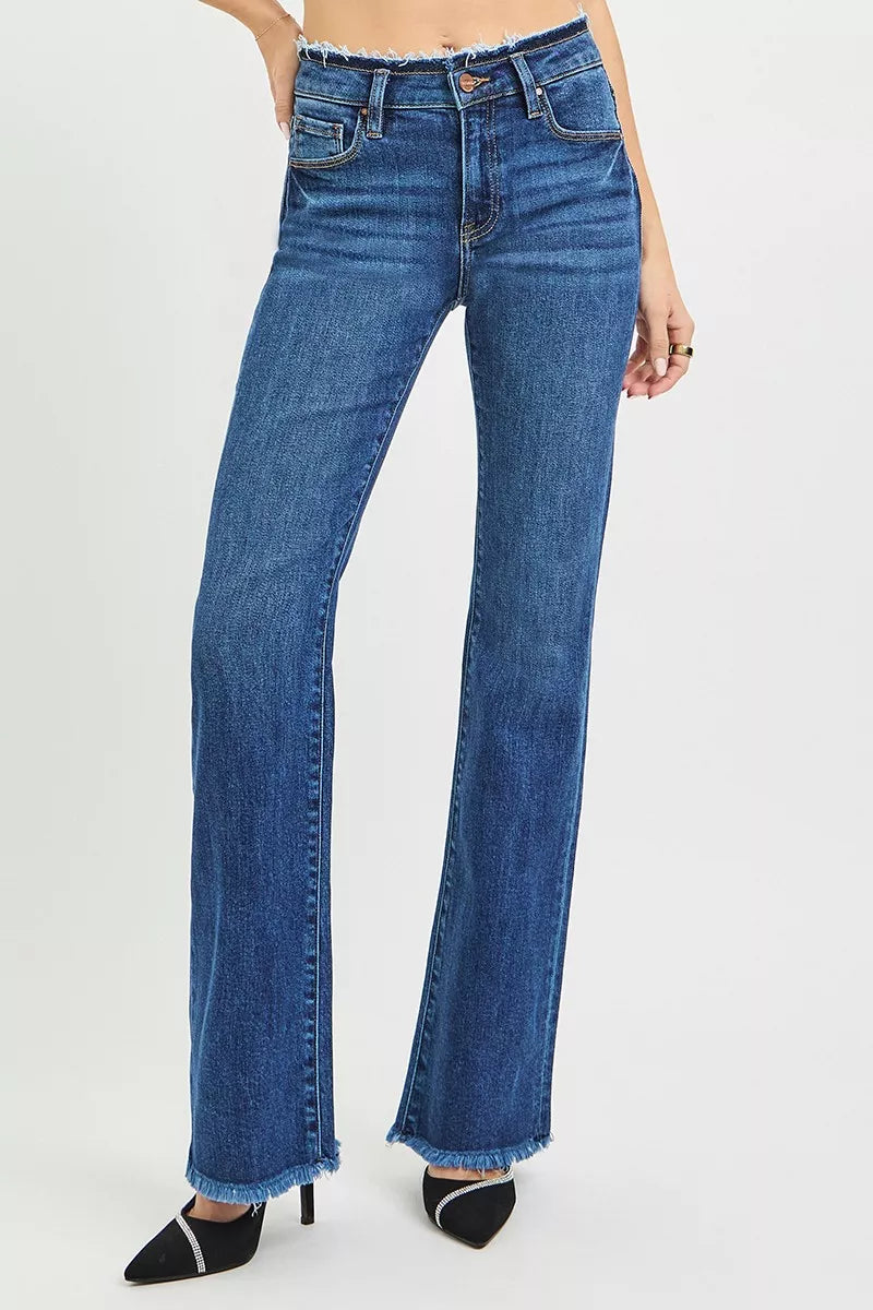 Plus size bootcut jeans frayed waistband detail