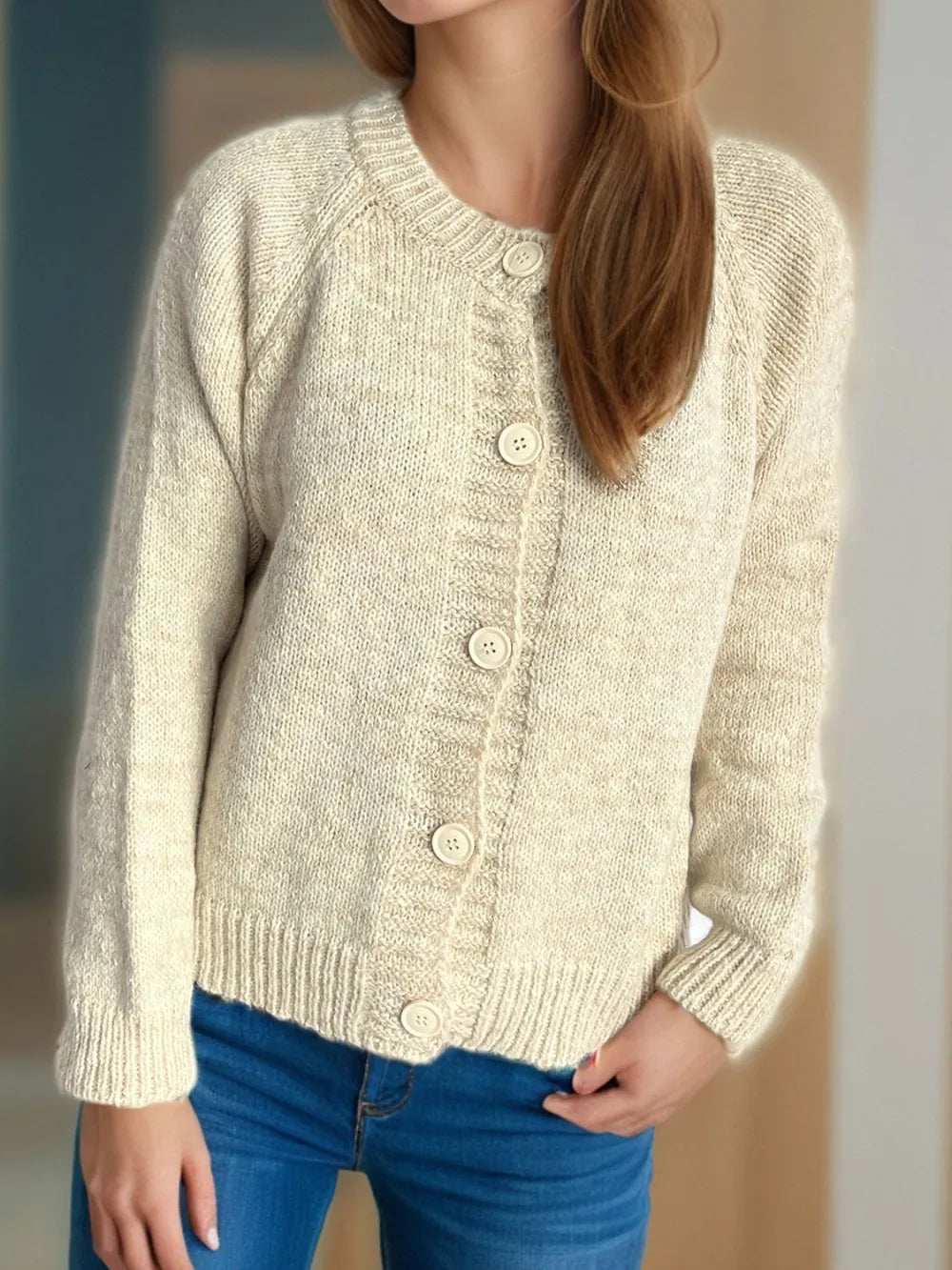 Heathered Button Down Long Sleeve Cardigan Beige One Size - Fashorio