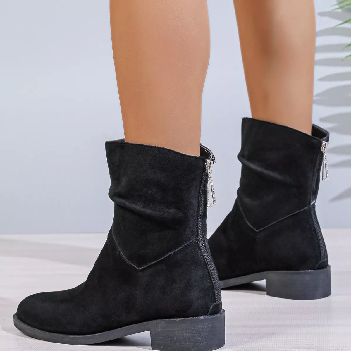Suede Point Toe Block Heel Boots heel and platform detail