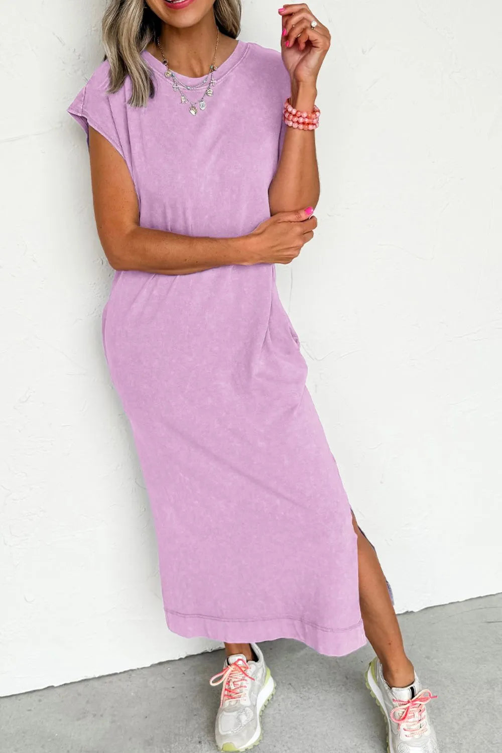 Side split round neck cap sleeve shirt dress side view