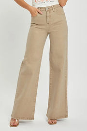 RISEN Full Size Tummy Control High Rise Wide Leg Jeans Plus Size Tan - Fashorio
