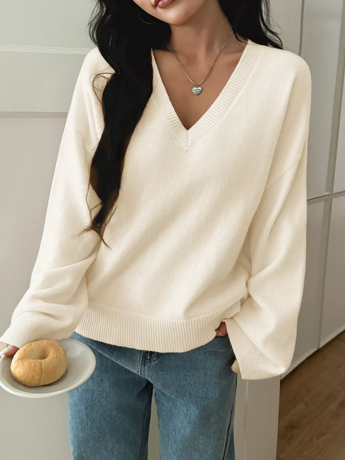 White loose fit sweater full length look