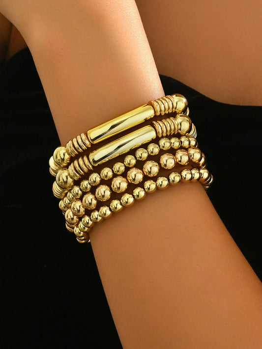 5 Piece Stainless Steel Beaded Bracelet Gold One Size - Fashorio