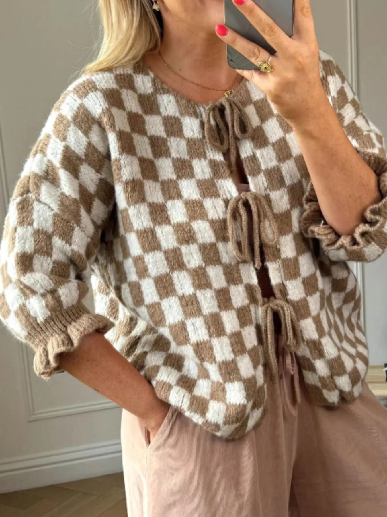 Checkered Tie-Front Knit Cardigan Khaki - Fashorio