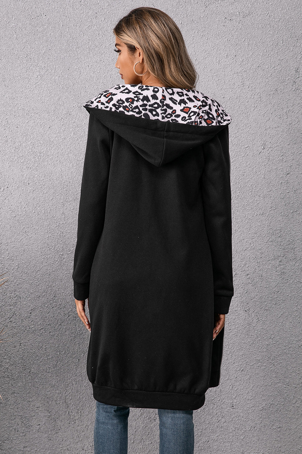Leopard Spliced Drawstring Zip Up Hoodie Dress detail