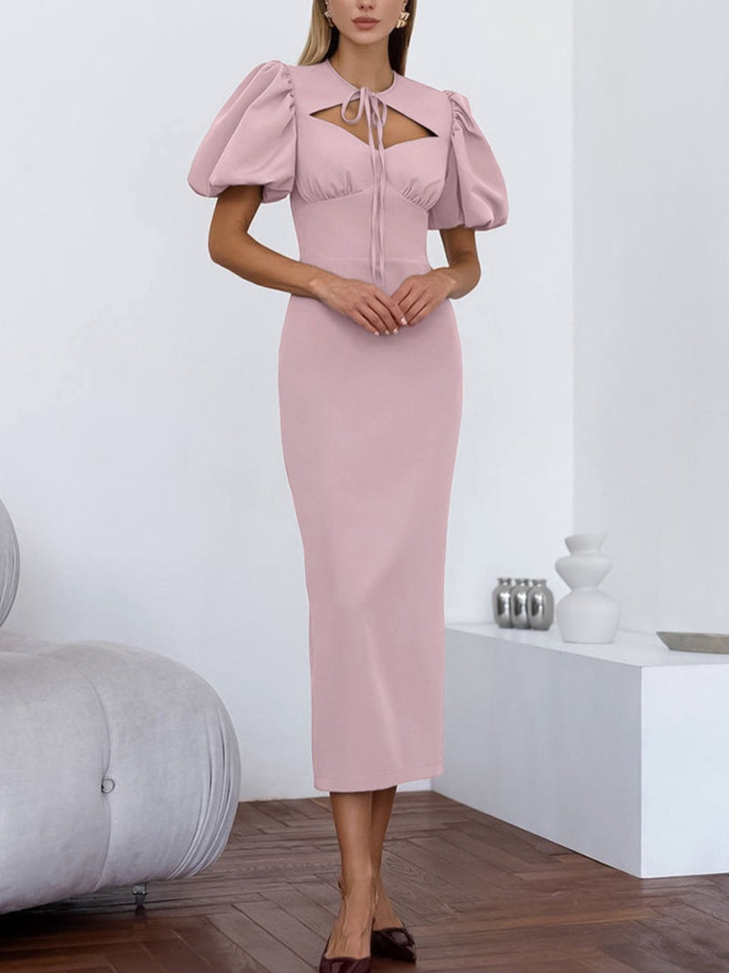 cutout front puff sleeve maxi dress front view