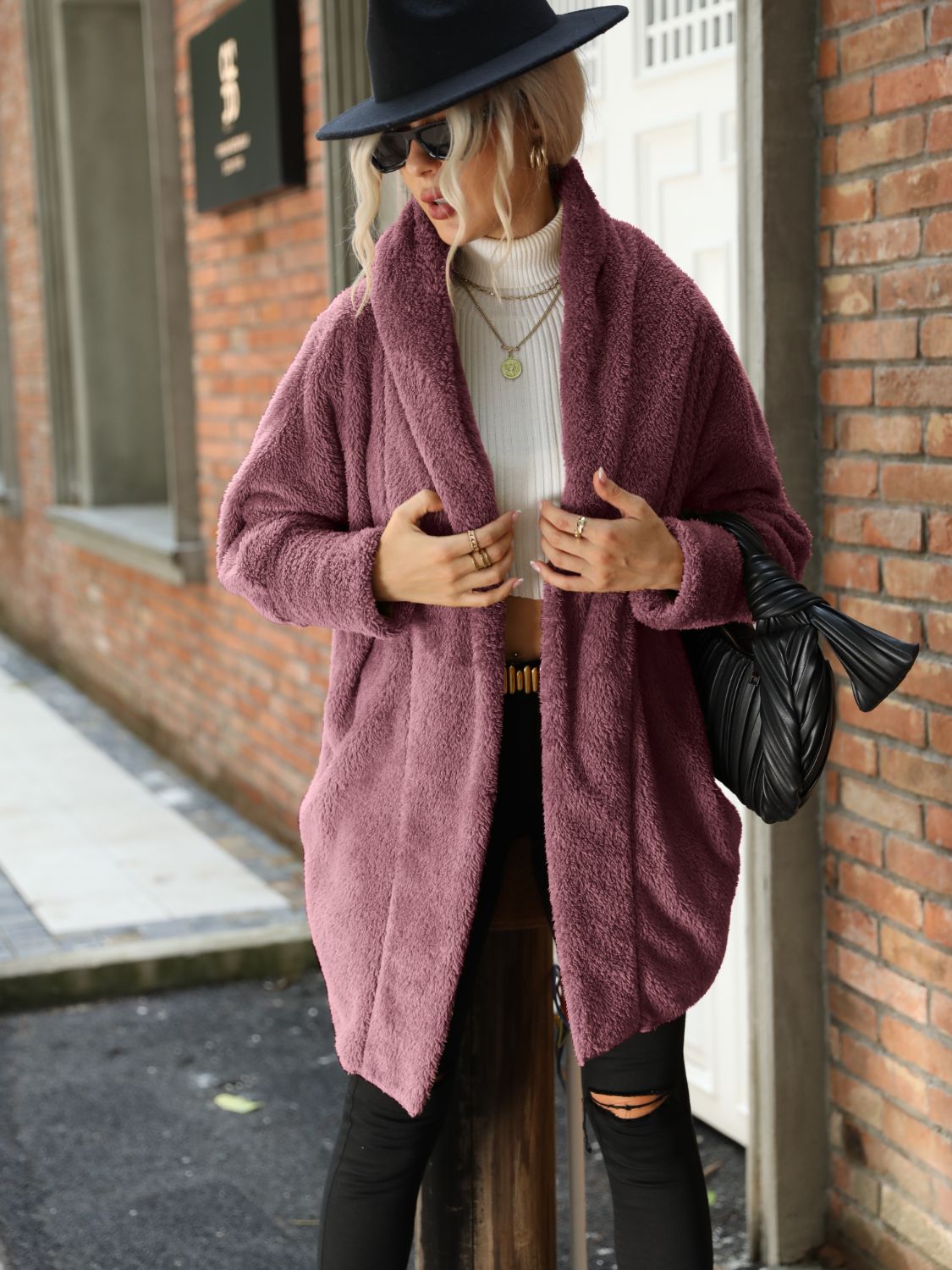Open Front Hooded Teddy Coat Moonlit Mauve - Fashorio