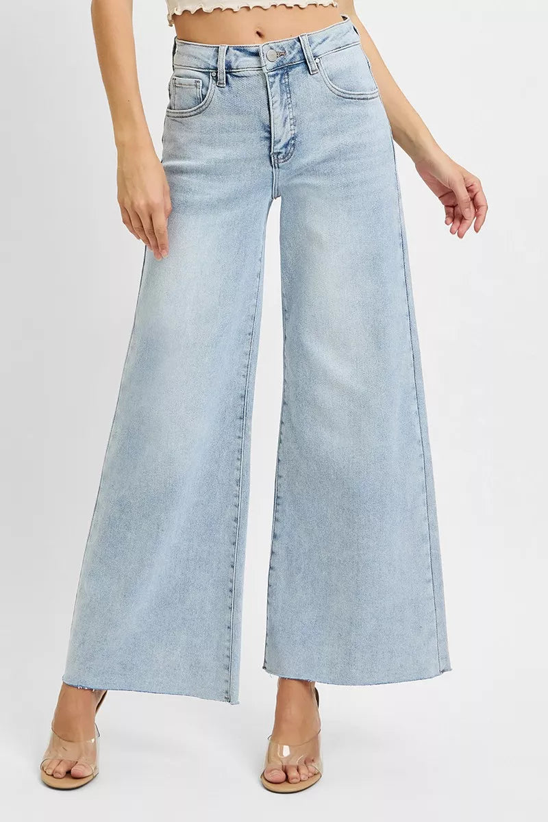 RISEN palazzo wide leg jeans front view in light wash