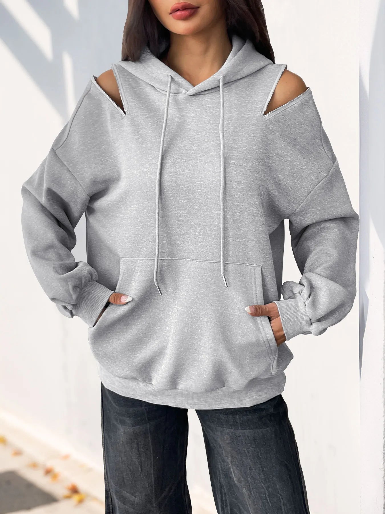 Drawstring Zip Detail Cold Shoulder Hoodie - Fashorio