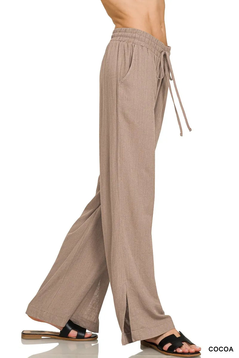 Linen blend wide leg drawstring pants full length styling