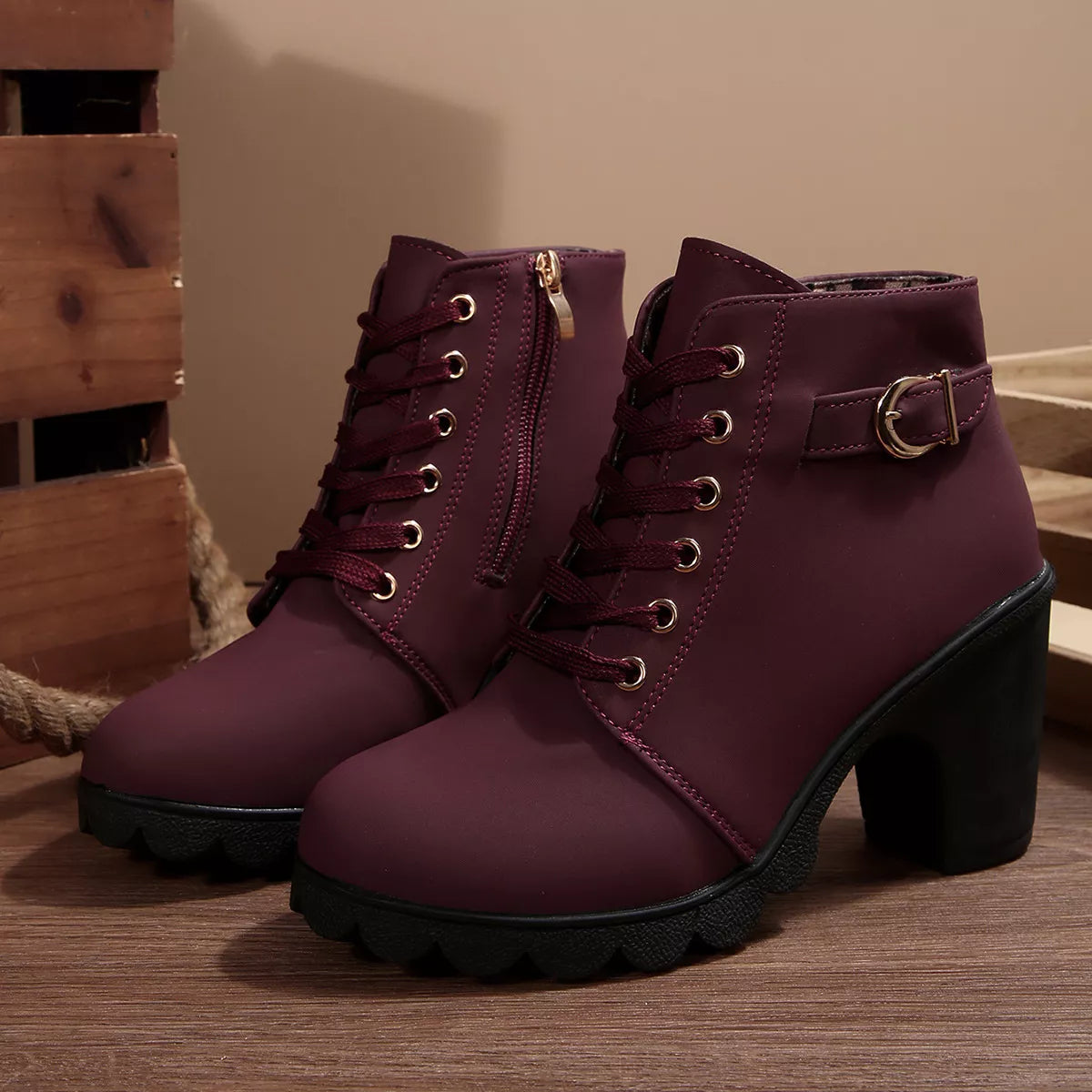 Lace up block heel suede boots back view