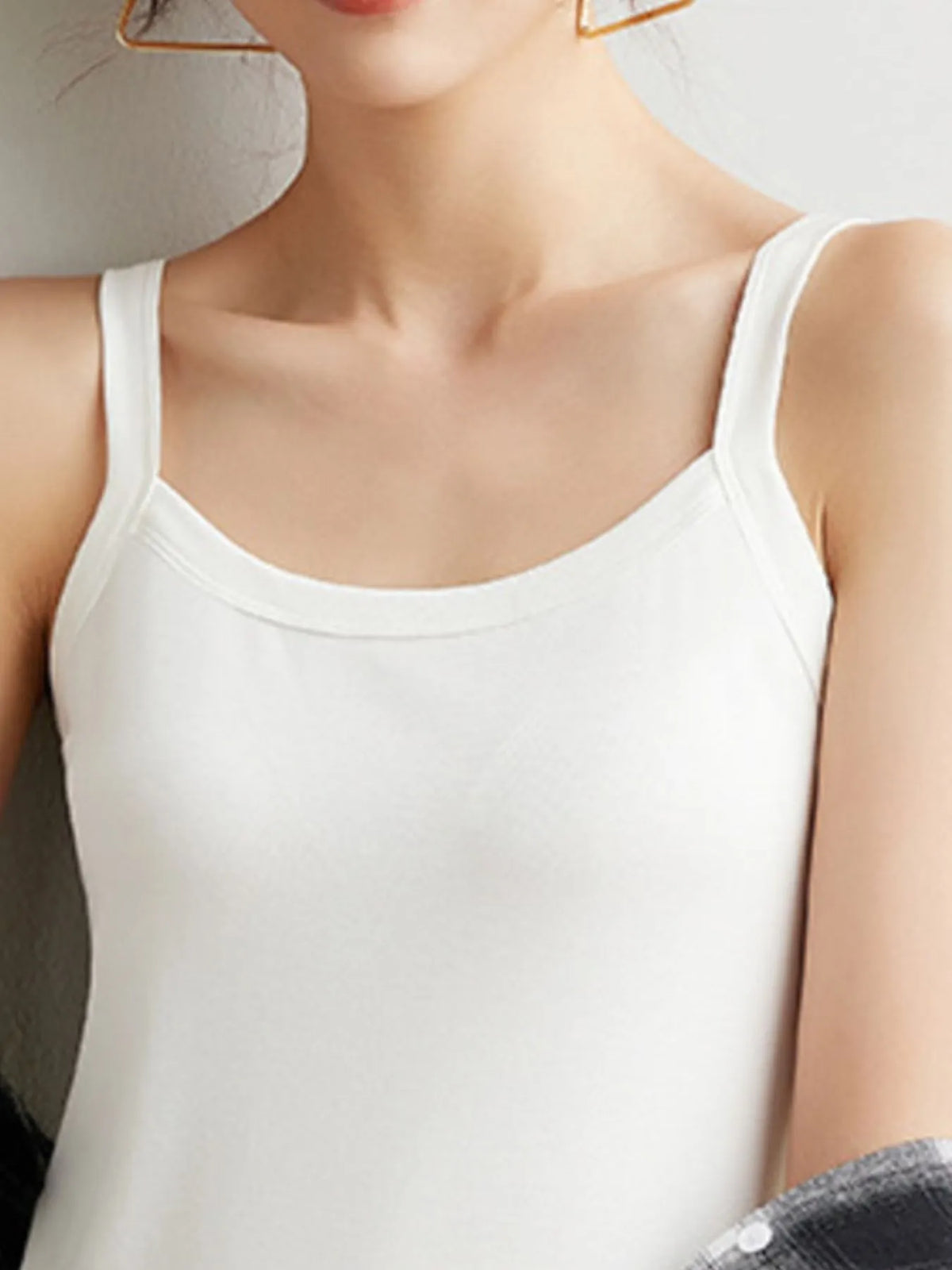 Scoop neck tank top neckline close up