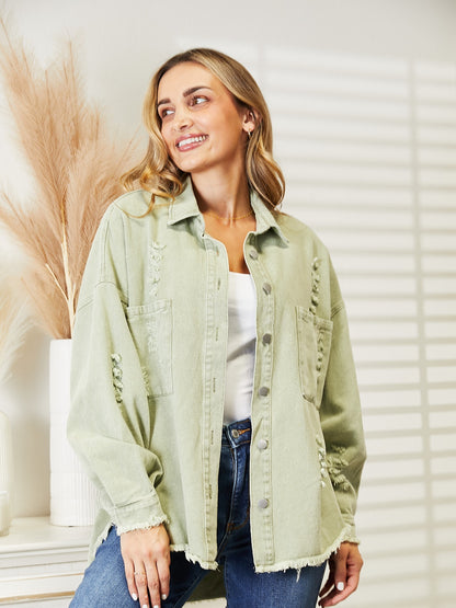 Distressed Raw Hem Denim Jacket - Fashorio