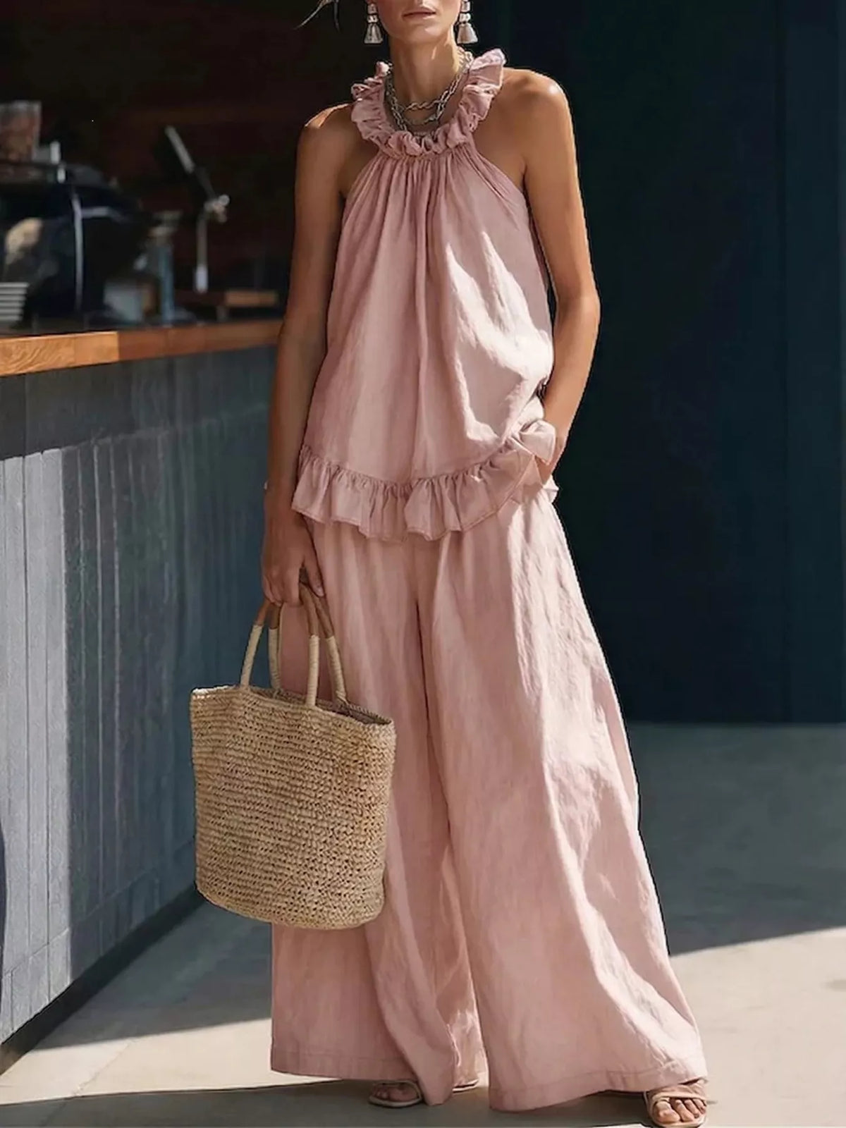 Ruffled Halter Top and Wide Leg Pants Set, view 7