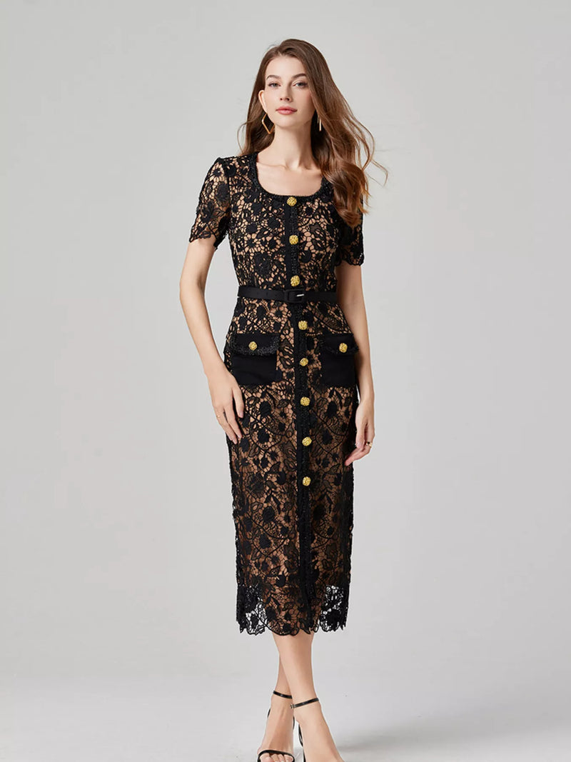 Lace button up midi dress front view