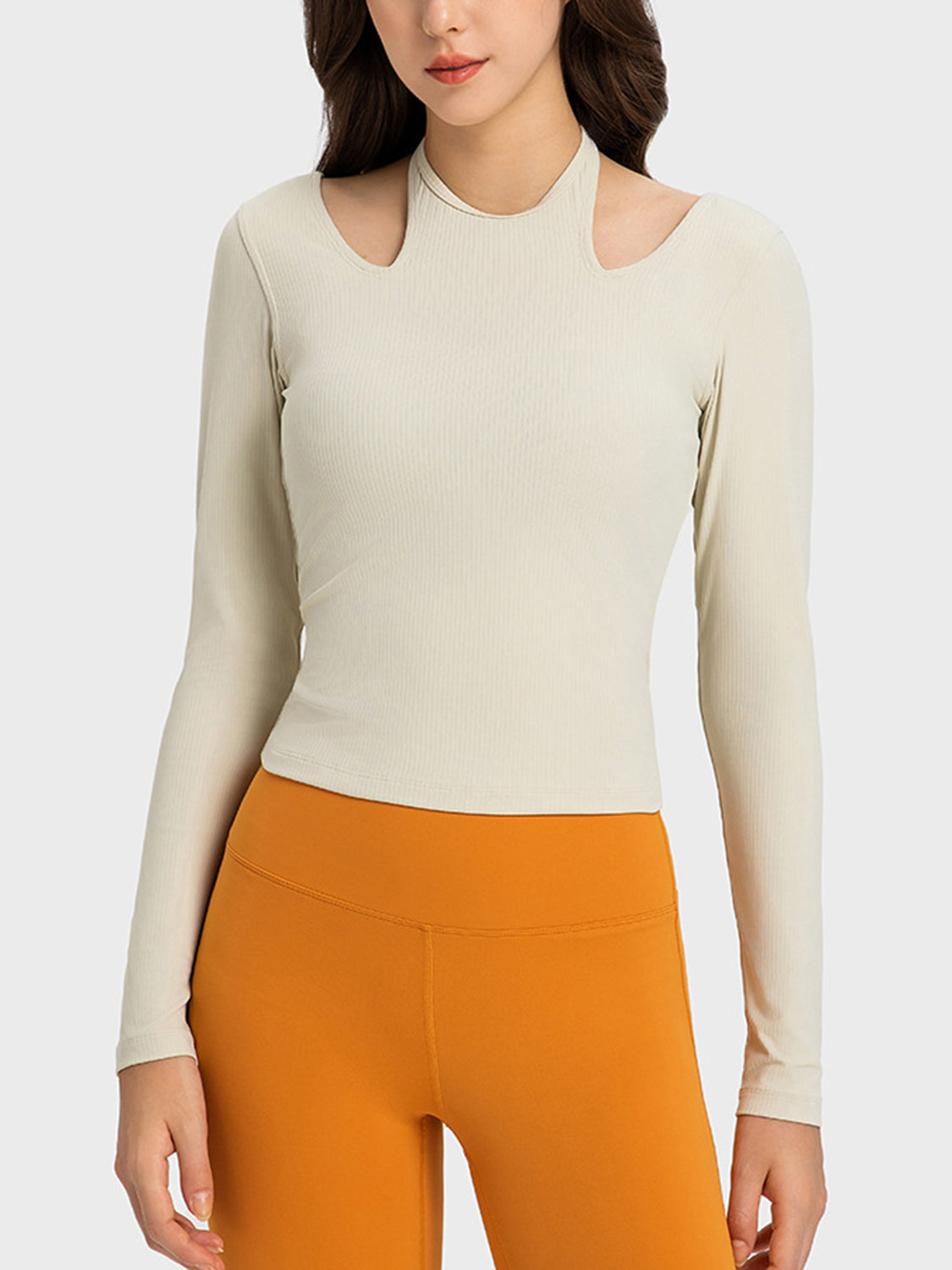halter neck long sleeve active top fabric close up