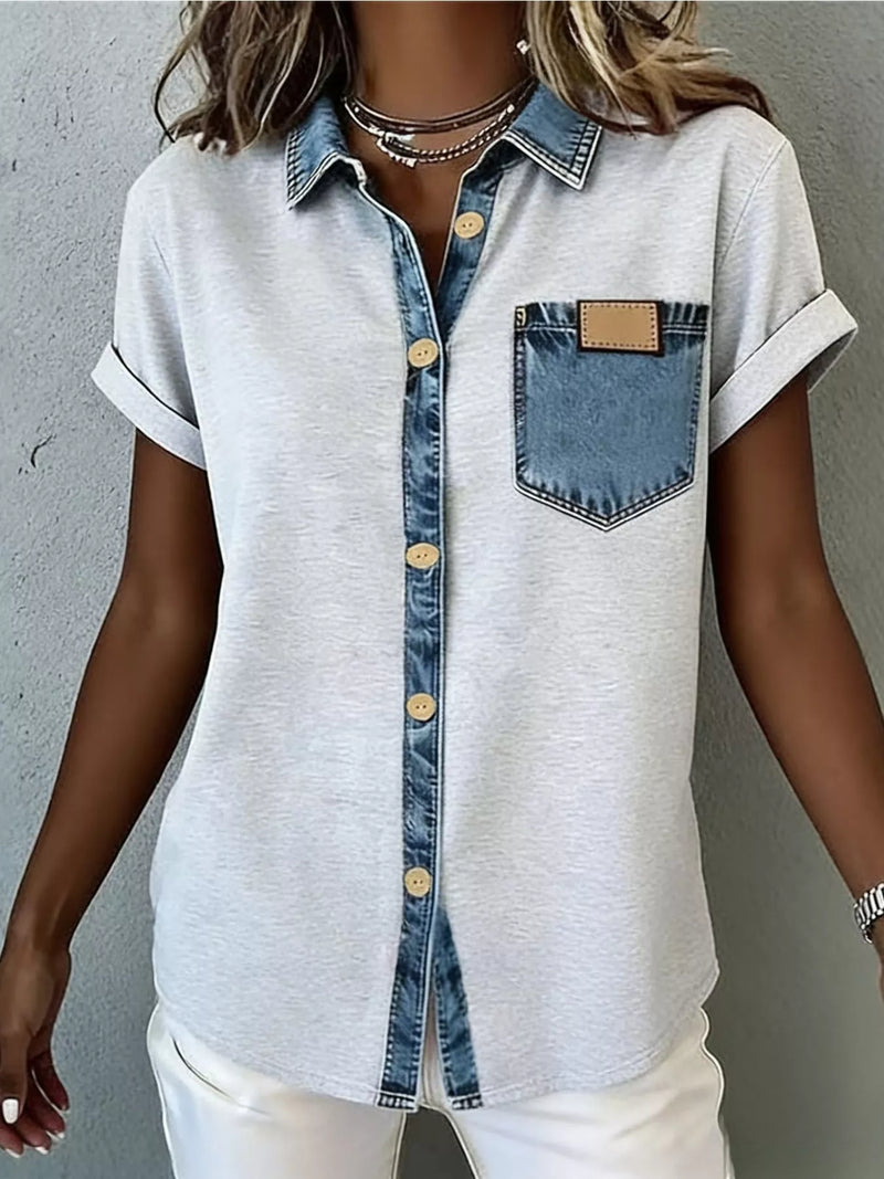 Light gray short sleeve shirt with denim trim front view