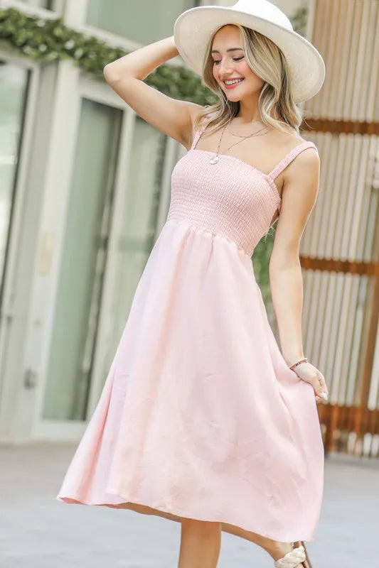 Smocking Open Back Sleeveless Midi Dress close up