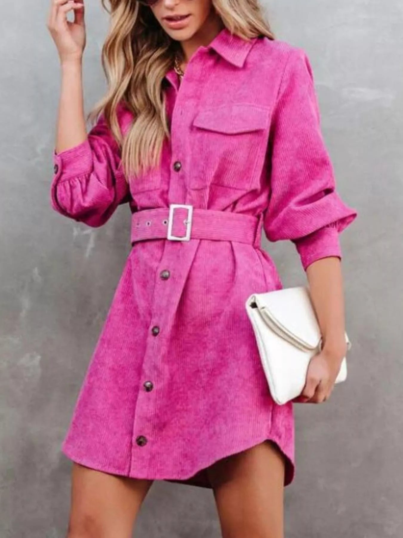 Button Front Belt Long Sleeve Corduroy Dress - Fashorio