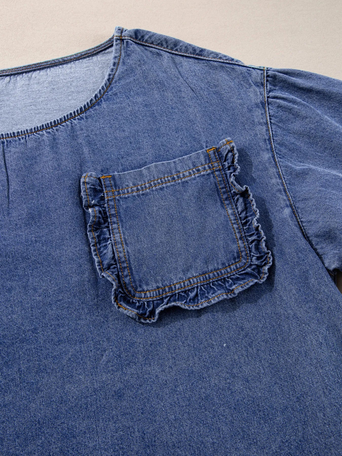 3/4 Sleeve Ruffled Patched Pocket Denim Blouse - Fashorio