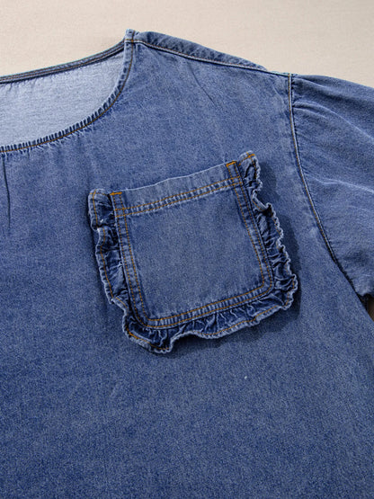 3/4 Sleeve Ruffled Patched Pocket Denim Blouse - Fashorio