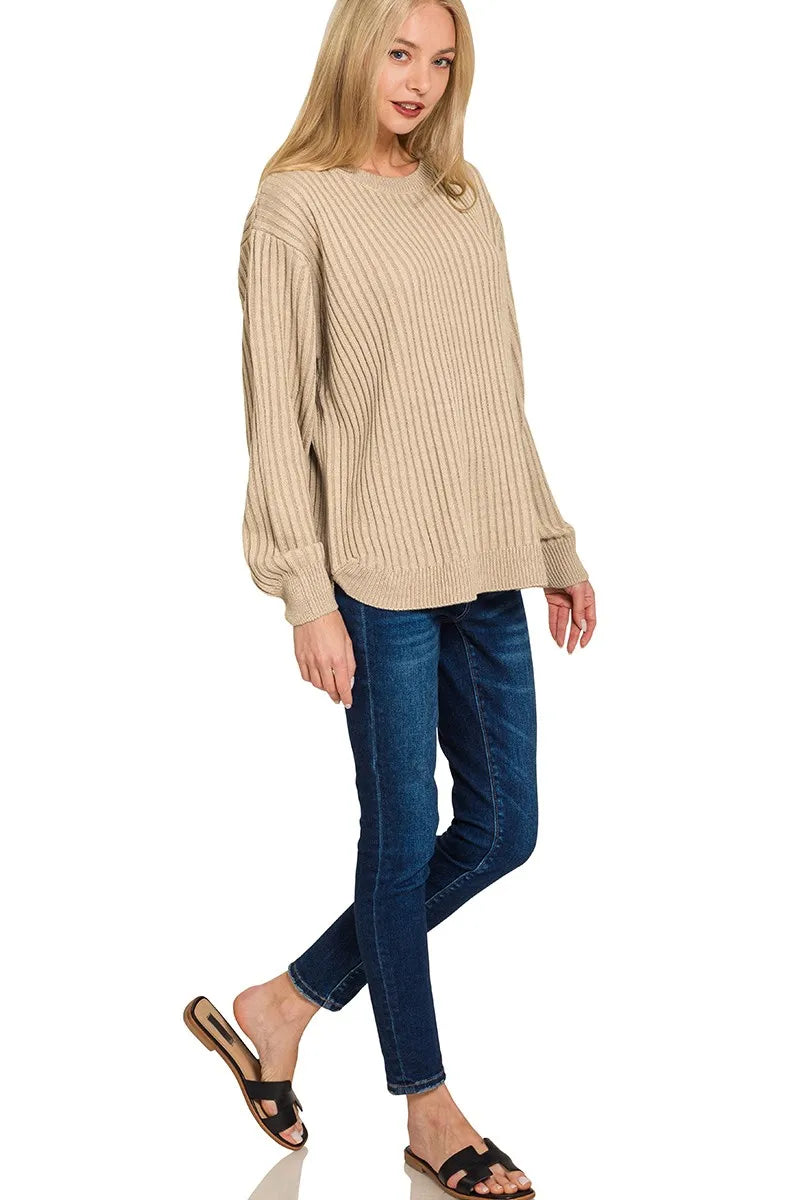Zenana Curved Hem Two-Tone Ribbed Sweater - Fashorio