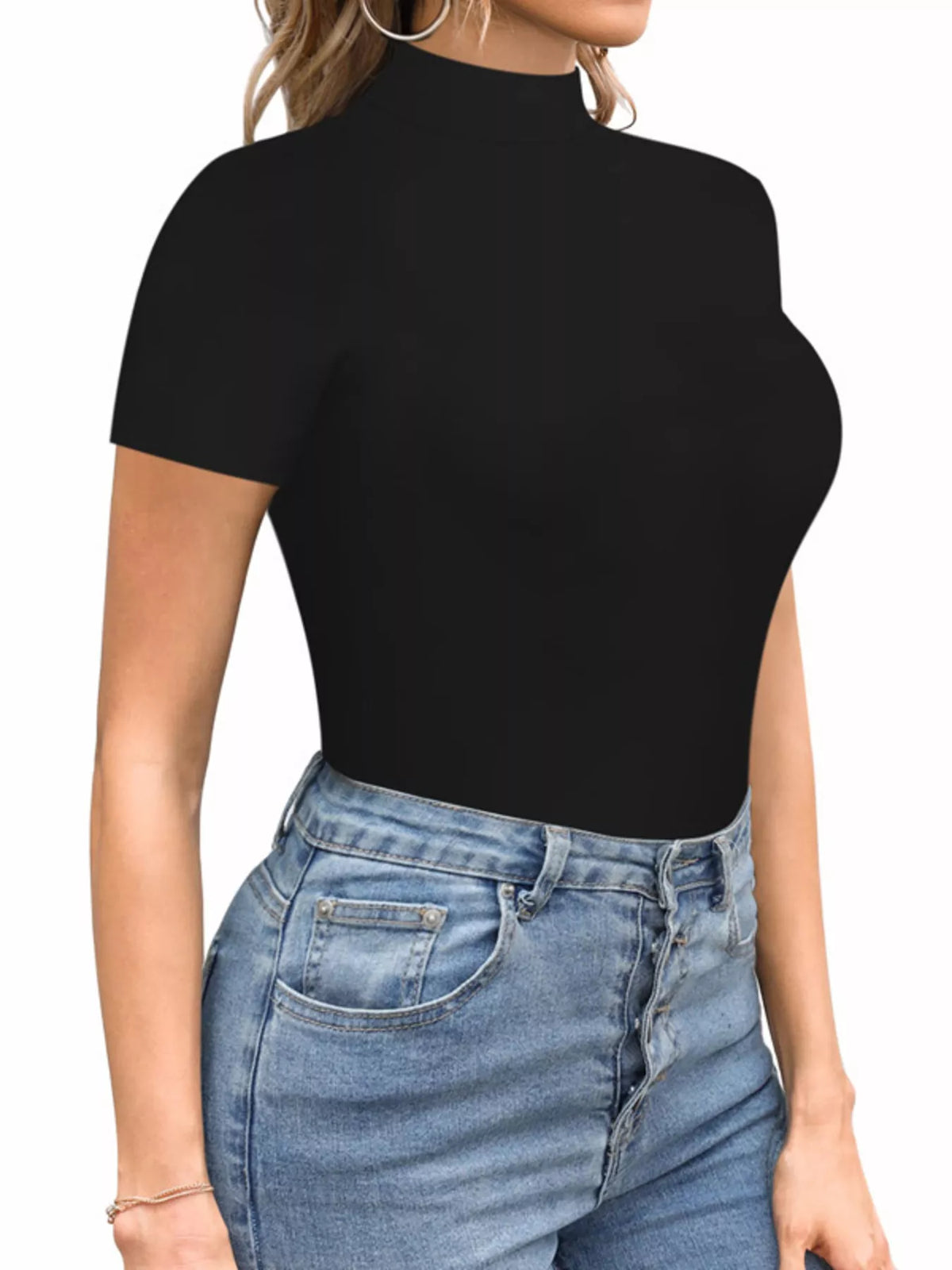 Mock neck short sleeve bodysuit side view
