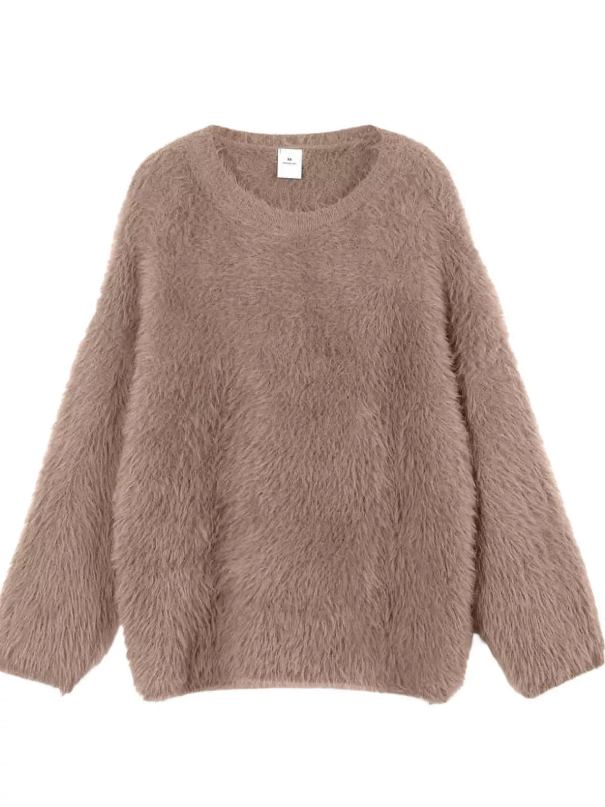 Fuzzy round neck long sleeve sweater front view