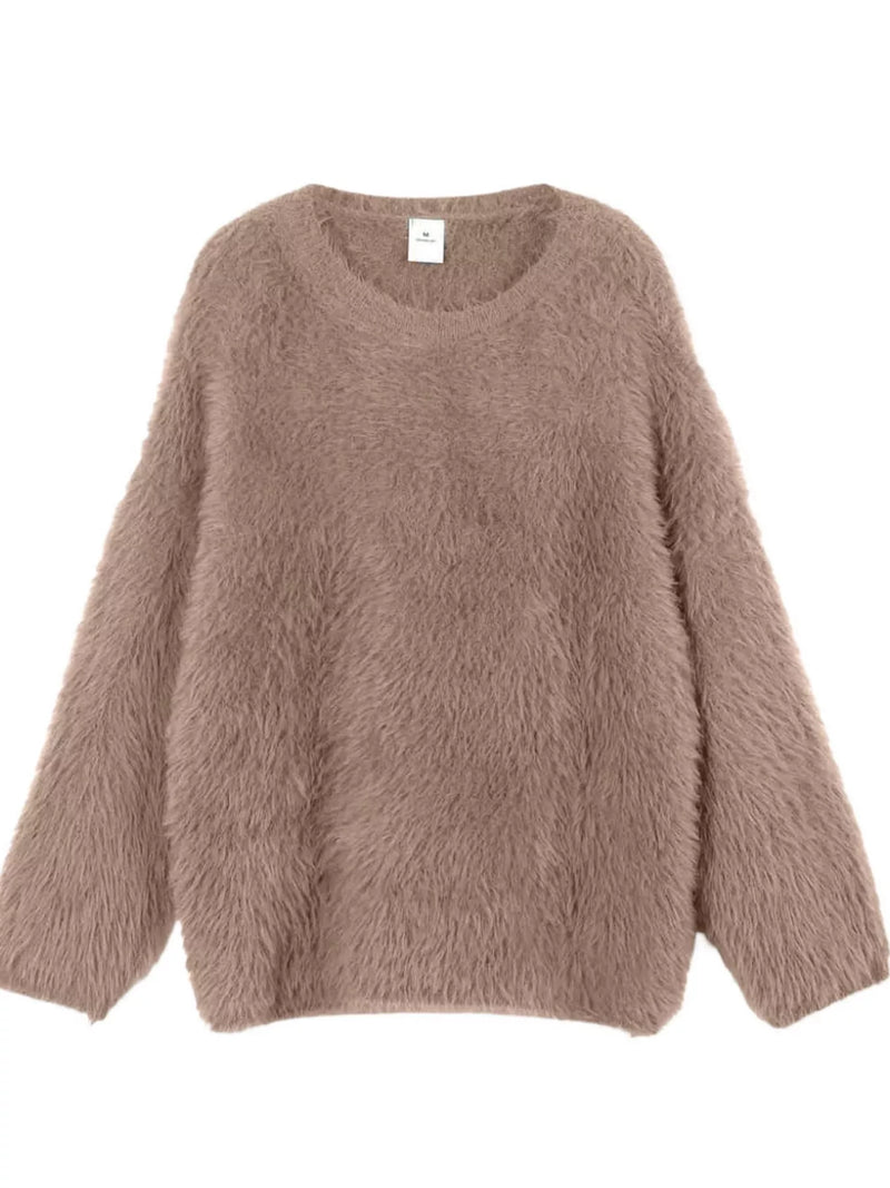 Fuzzy round neck long sleeve sweater front view