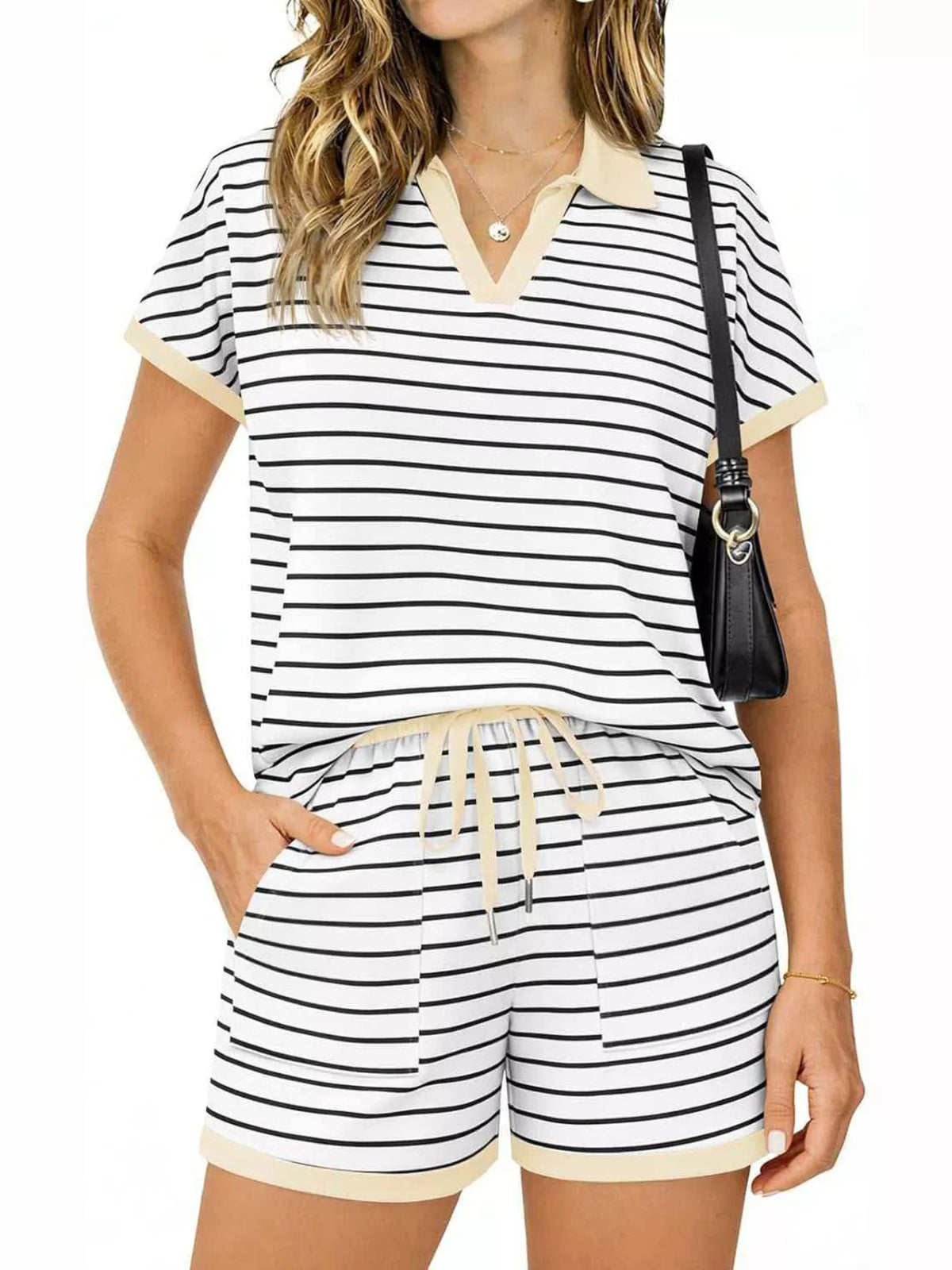 Striped polo top and matching drawstring shorts side