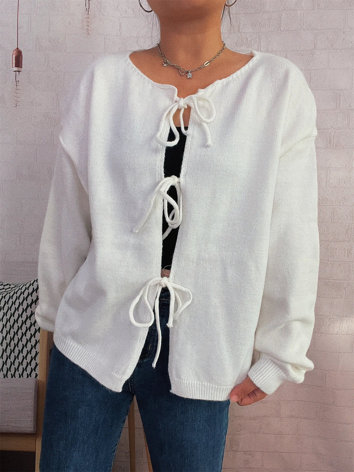 Tie front drop shoulder cardigan, front view