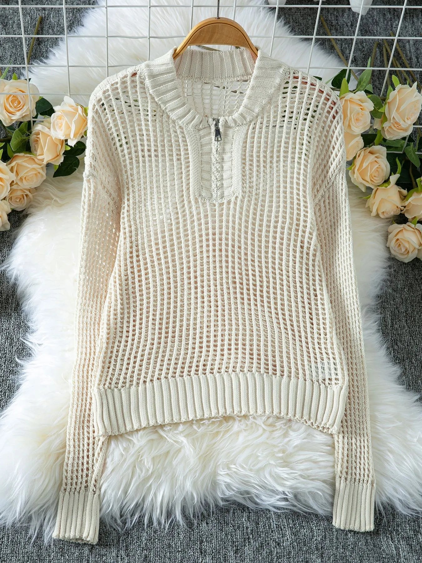 Half-Zip Detail Long Sleeve Sweater - Fashorio