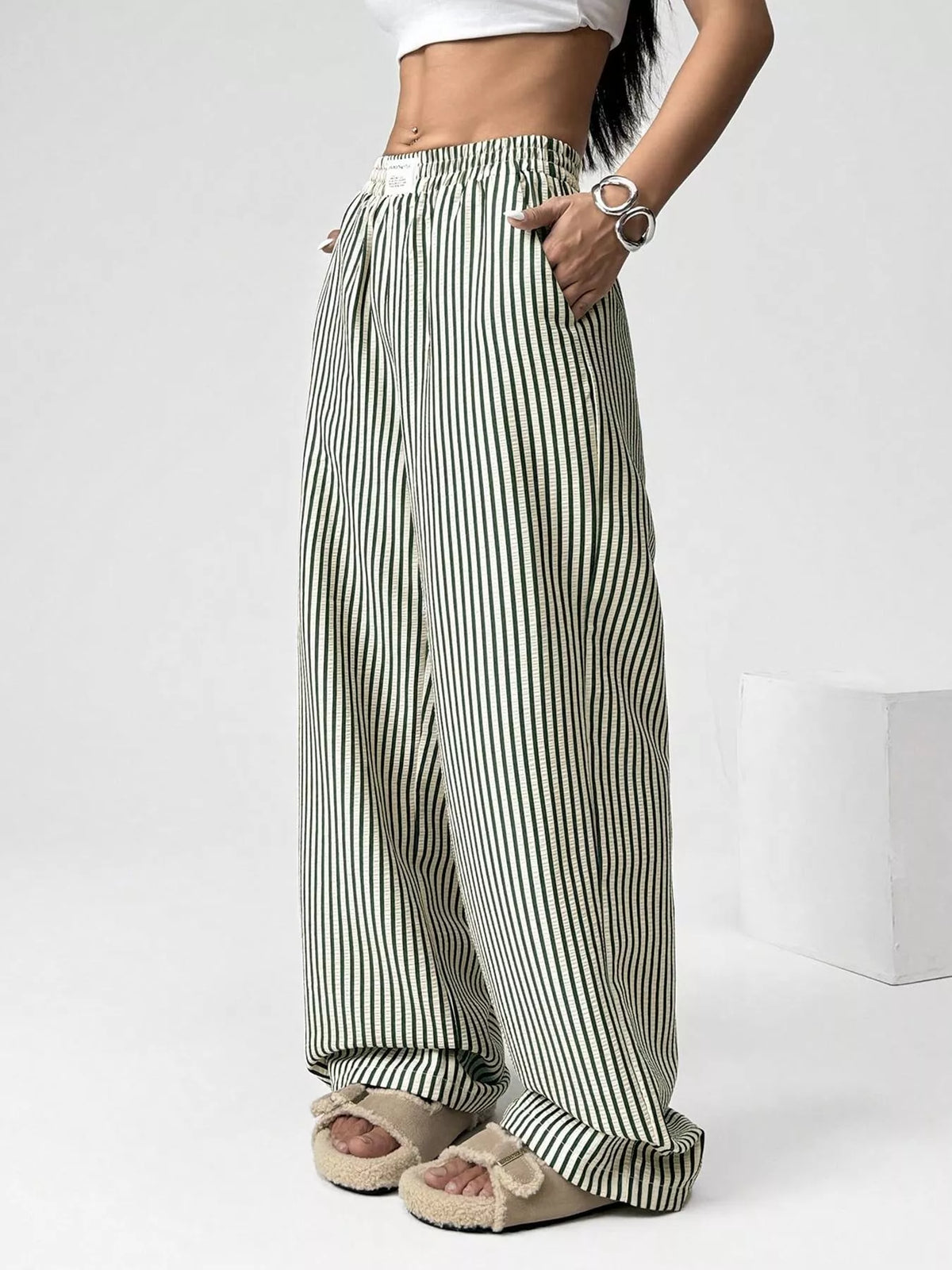 Striped high waist wide leg pants, back view