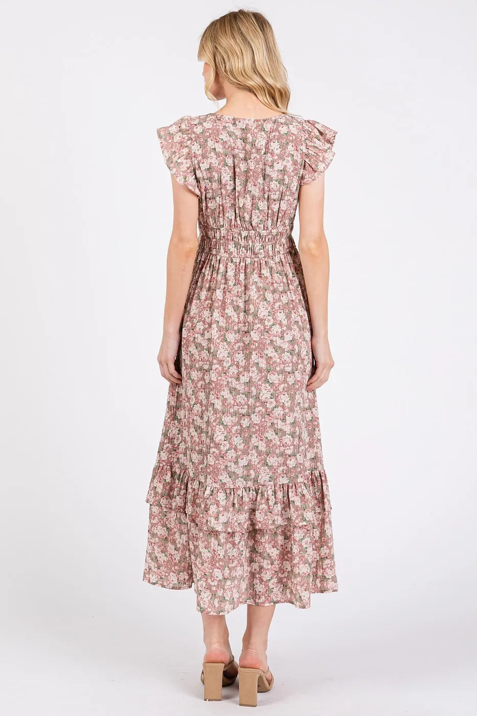 Flower Print Ruffle Cap Sleeve V neck Midi Dress styled look