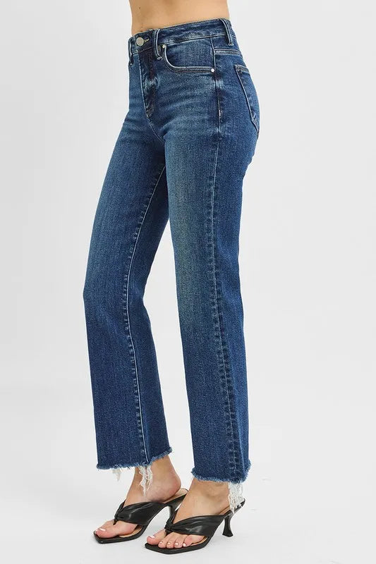 RISEN Full Size Tummy Control High Rise Crop Straight Raw Cut Hem Jeans Plus Size - Fashorio