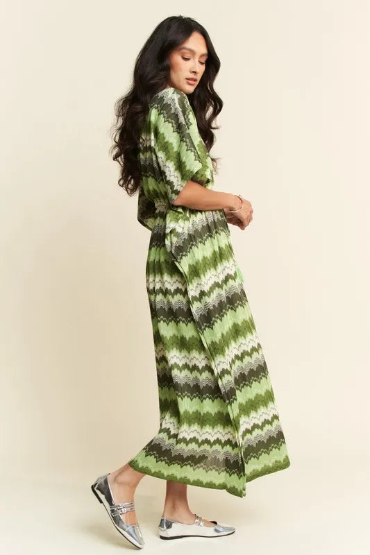 Wavy Print Tie Waist Flowy Dress in Sage close up