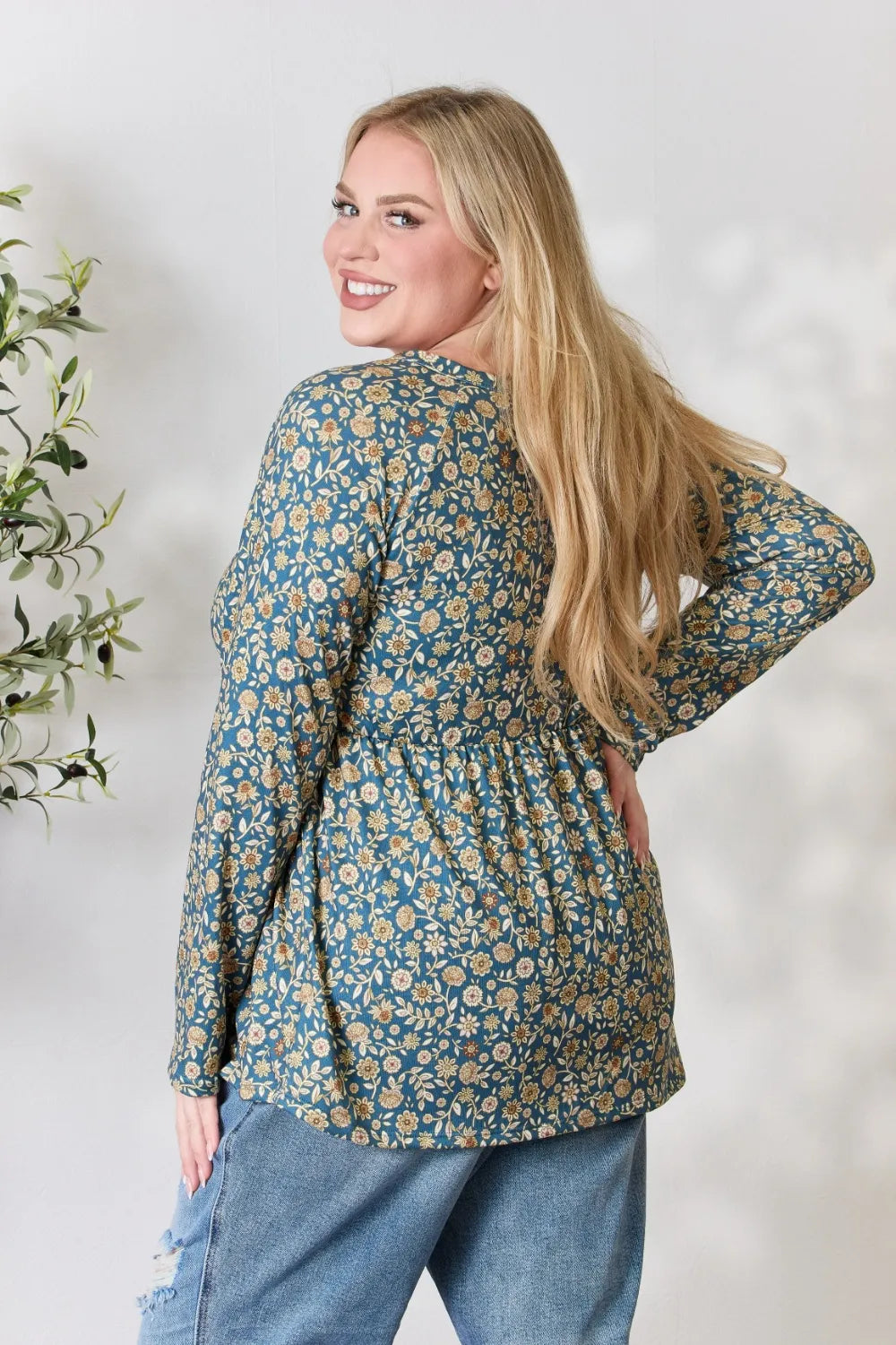Heimish Full Size Floral Half Button Long Sleeve Blouse - Fashorio