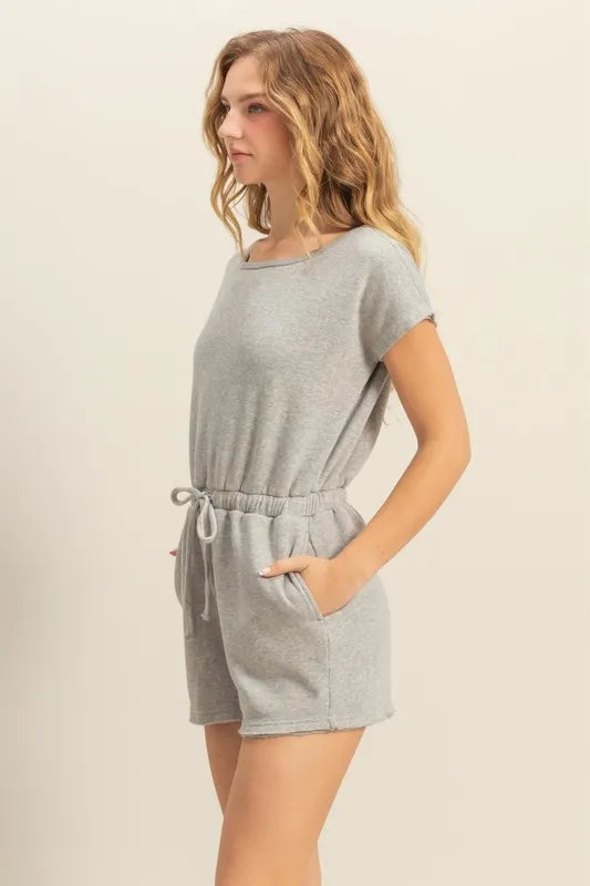 Round Neck Short Sleeve Drawstring Waist Romper back view