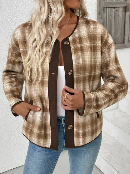 Plaid Long Sleeve Button-Up Jacket with Chest Pockets - Fashorio