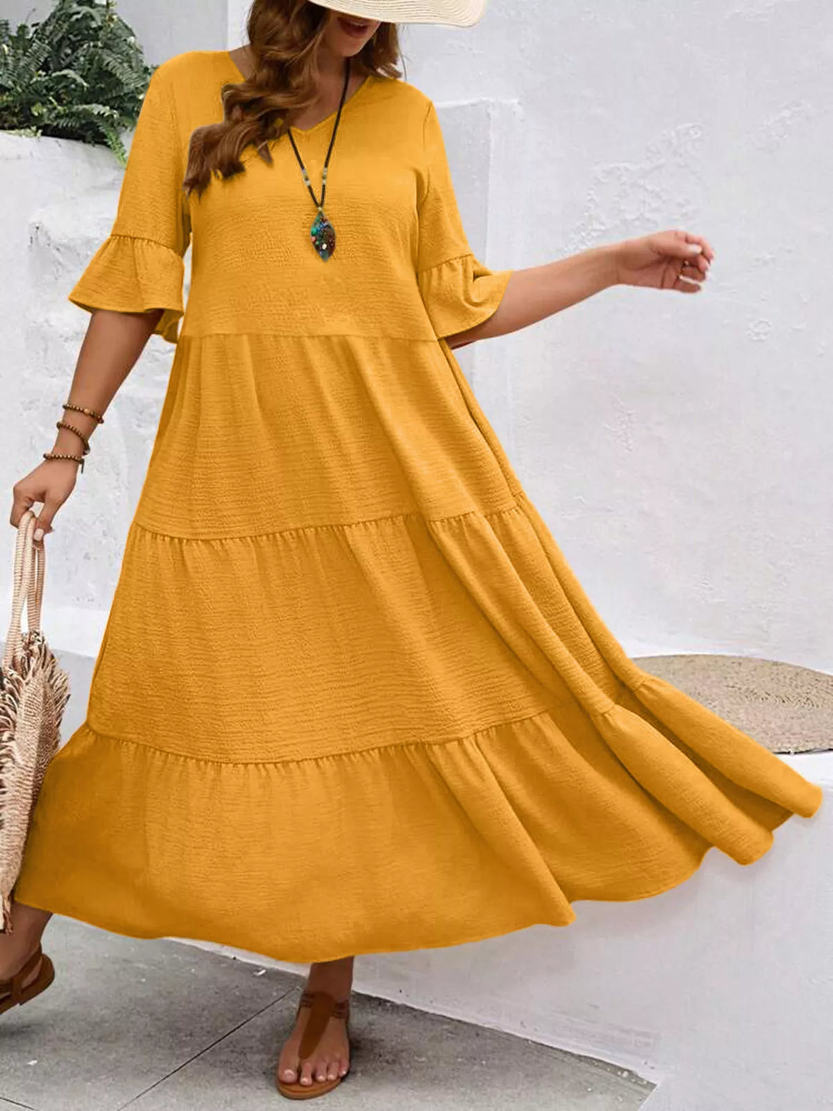 Plus Size Ruffle Sleeve Tiered Midi Dress, view 19