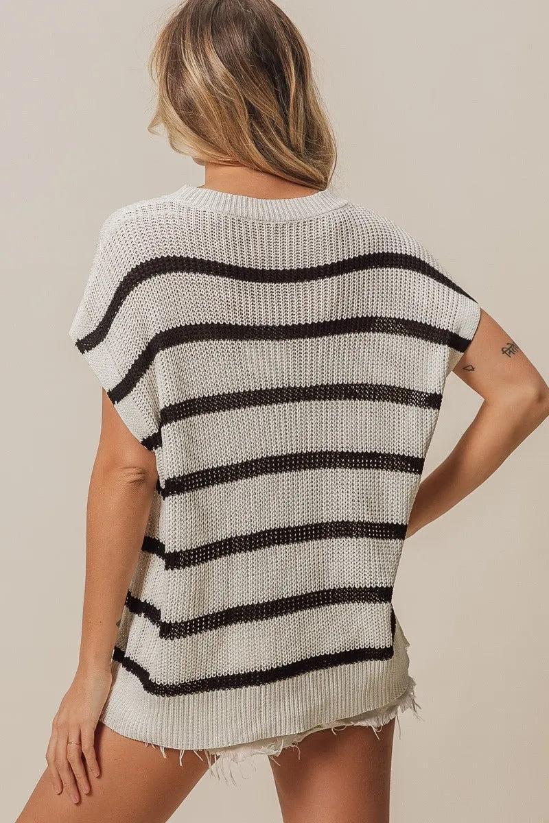 BiBi Vacay Mode Lettering Drop Shoulder Striped Sweater - Fashorio