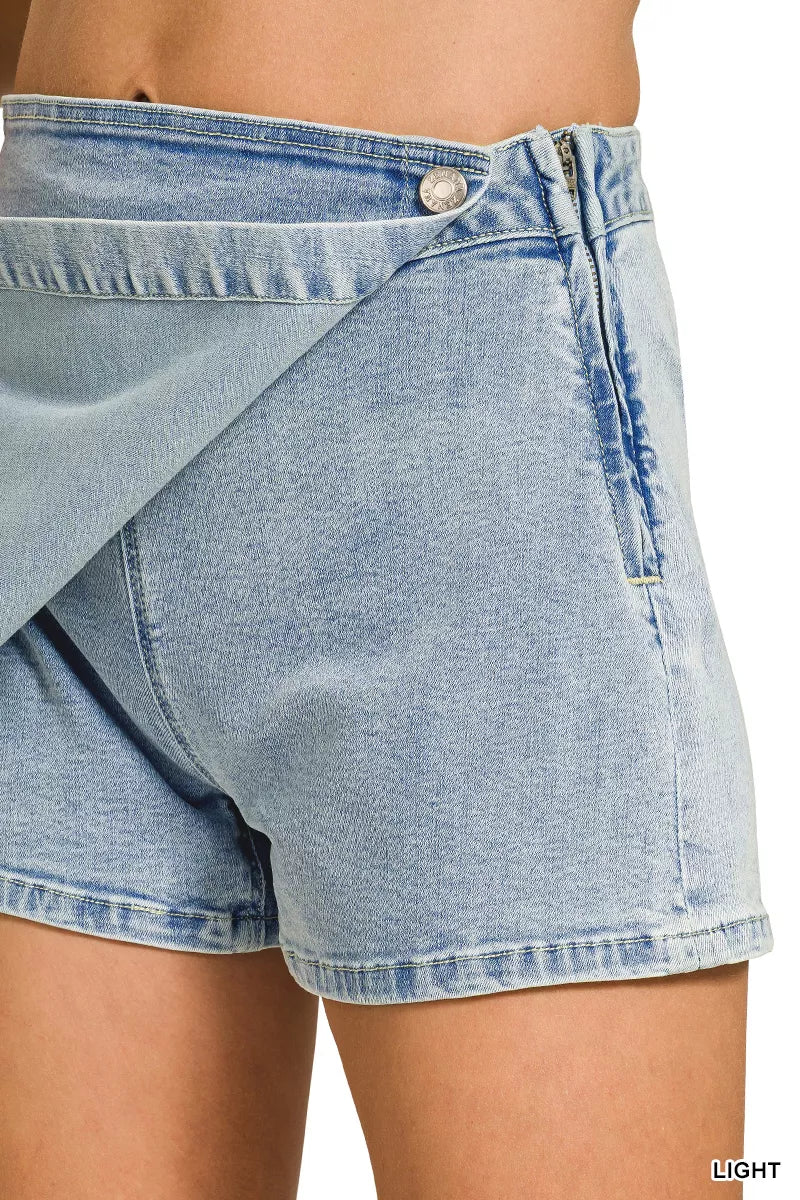 Zenana light wash wrap front denim skort, close up of the detail