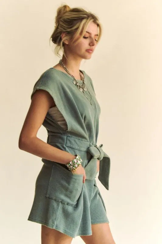 Acid Washed Waffle Knit Cuffed Sleeves Romper detail