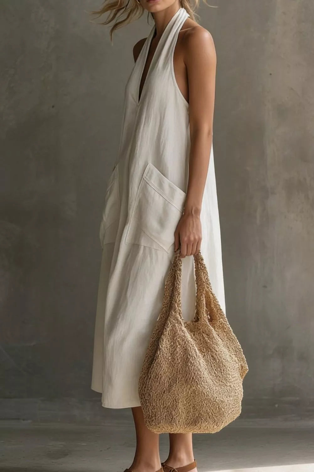 Halter neck pocket midi dress, fabric detail