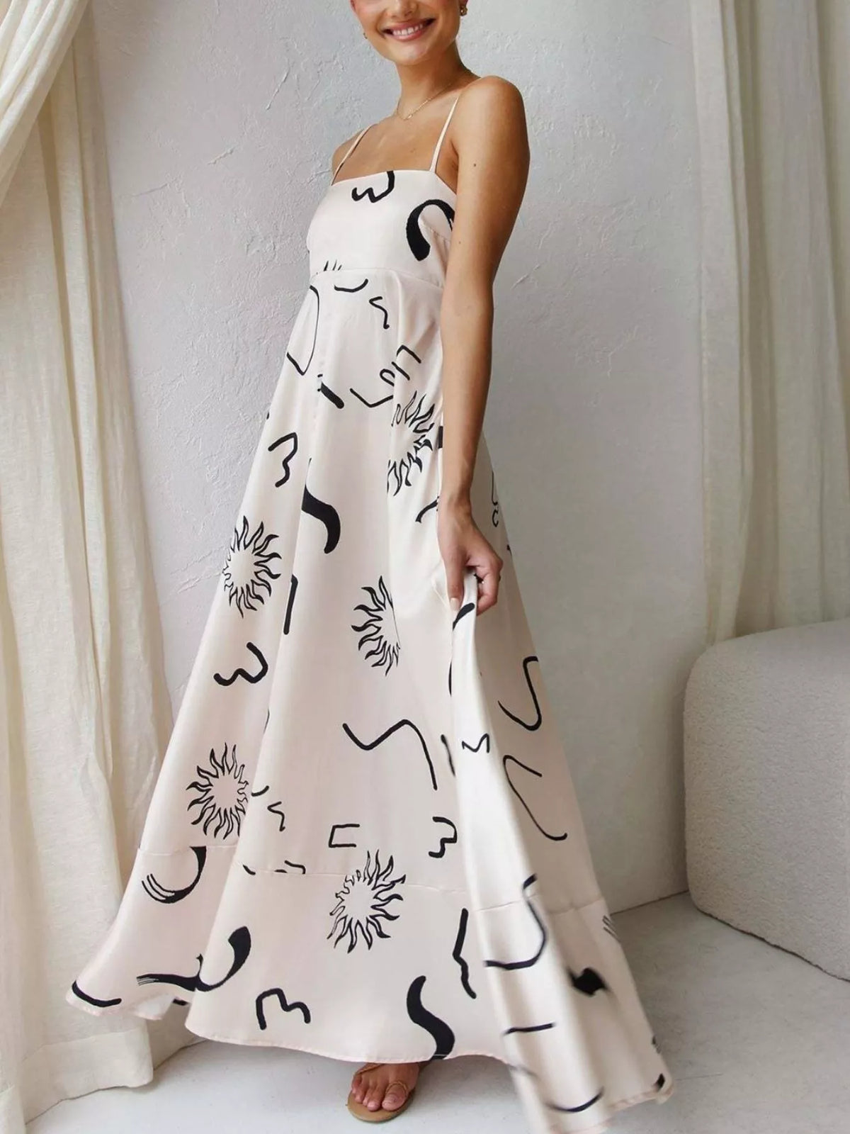 printed spaghetti strap maxi dress side view