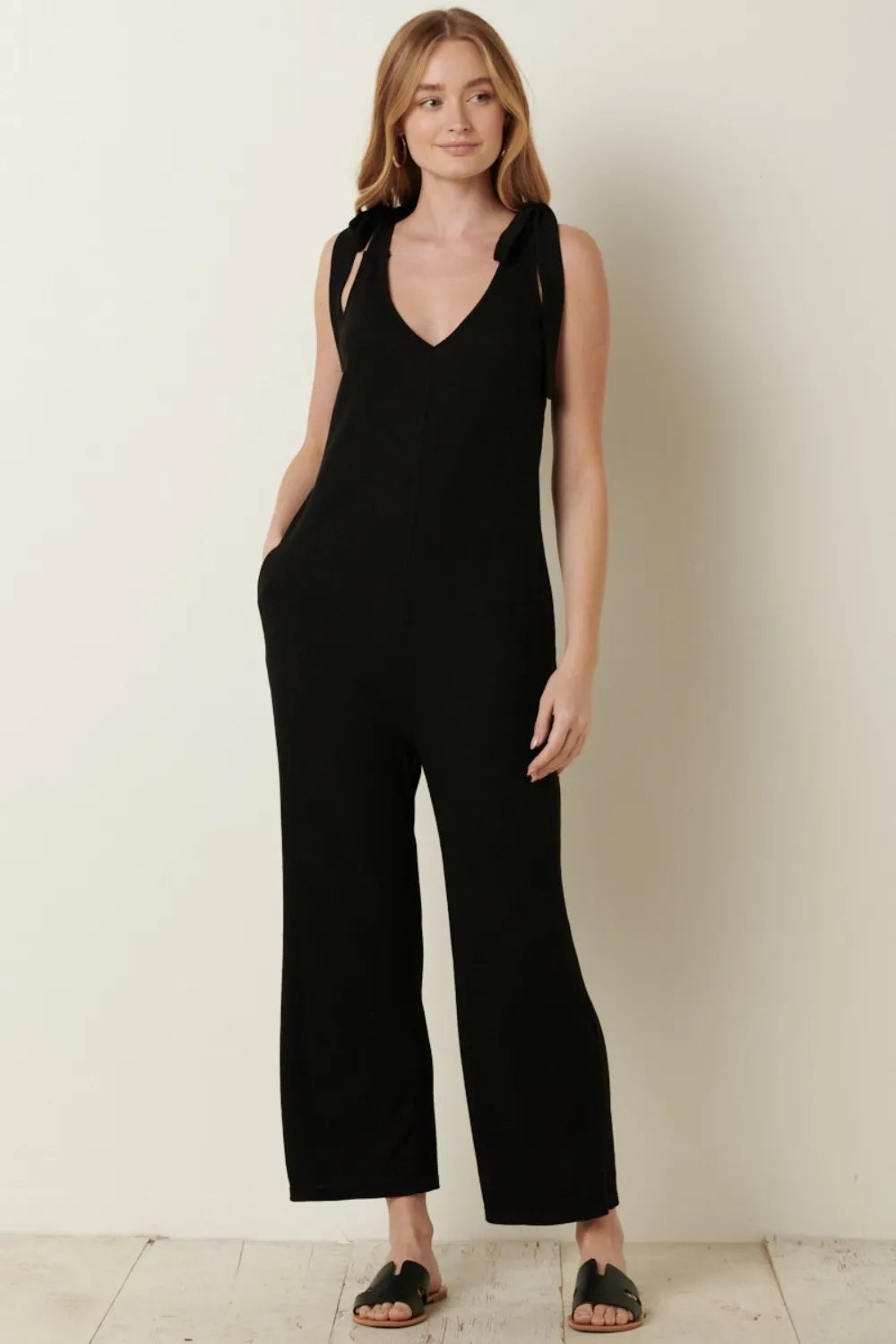 Rib Knit V Neck Cross Back Jumpsuit