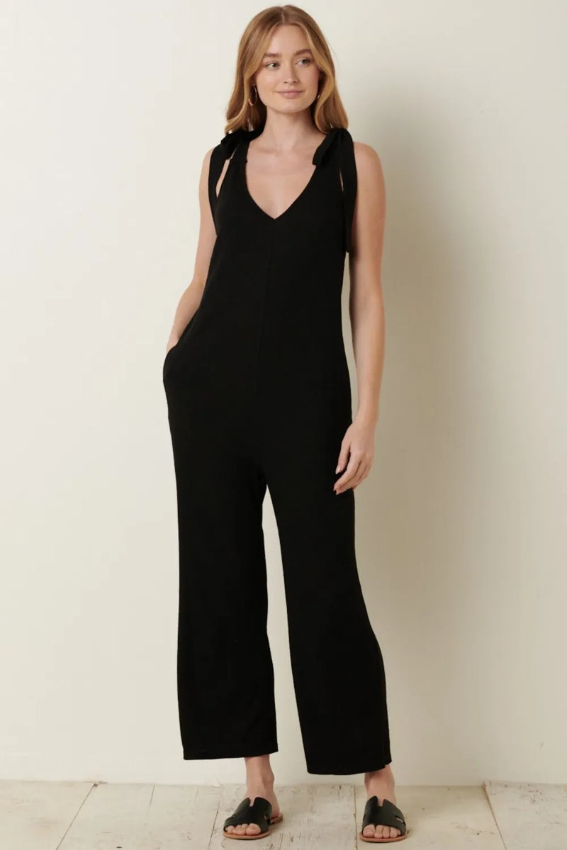 Rib Knit V Neck Cross Back Jumpsuit