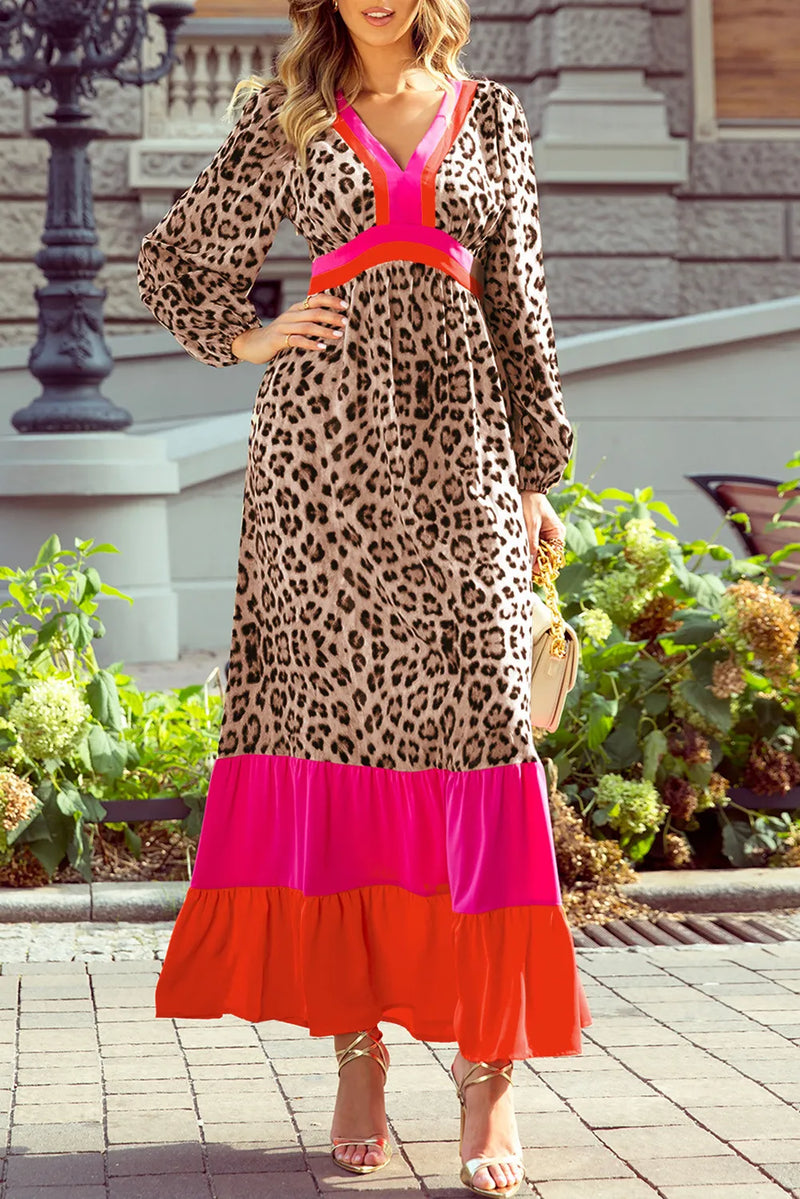 Leopard V Neck Long Sleeve Maxi Dress front view