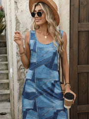Patchwork Scoop Neck Denim Tank Dress Royal Blue - Fashorio